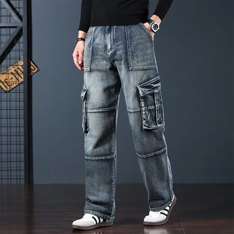 Men’s Vintage Blue Stretch Cargo Jeans – Relaxed straight leg utility denim with flap pockets and panel seams, waist 28–42. Streetwear #CargoJeans #VintageDenim #TikTokMadeMeBuyIt