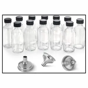 12 Pack, 2 oz Small Clear Glass Bottles w/Lid & 3 Funnels - 60ml Boston Shot Bottles for Health, Immunity, Potion, Wellness, Sample, Ginger, Juice - Mini Personal Care & Beauty Travel Bottle