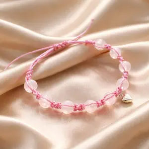 Handcrafted Rose Quartz Sterling Silver Heart Bracelet, Boho Macrame Jewelry