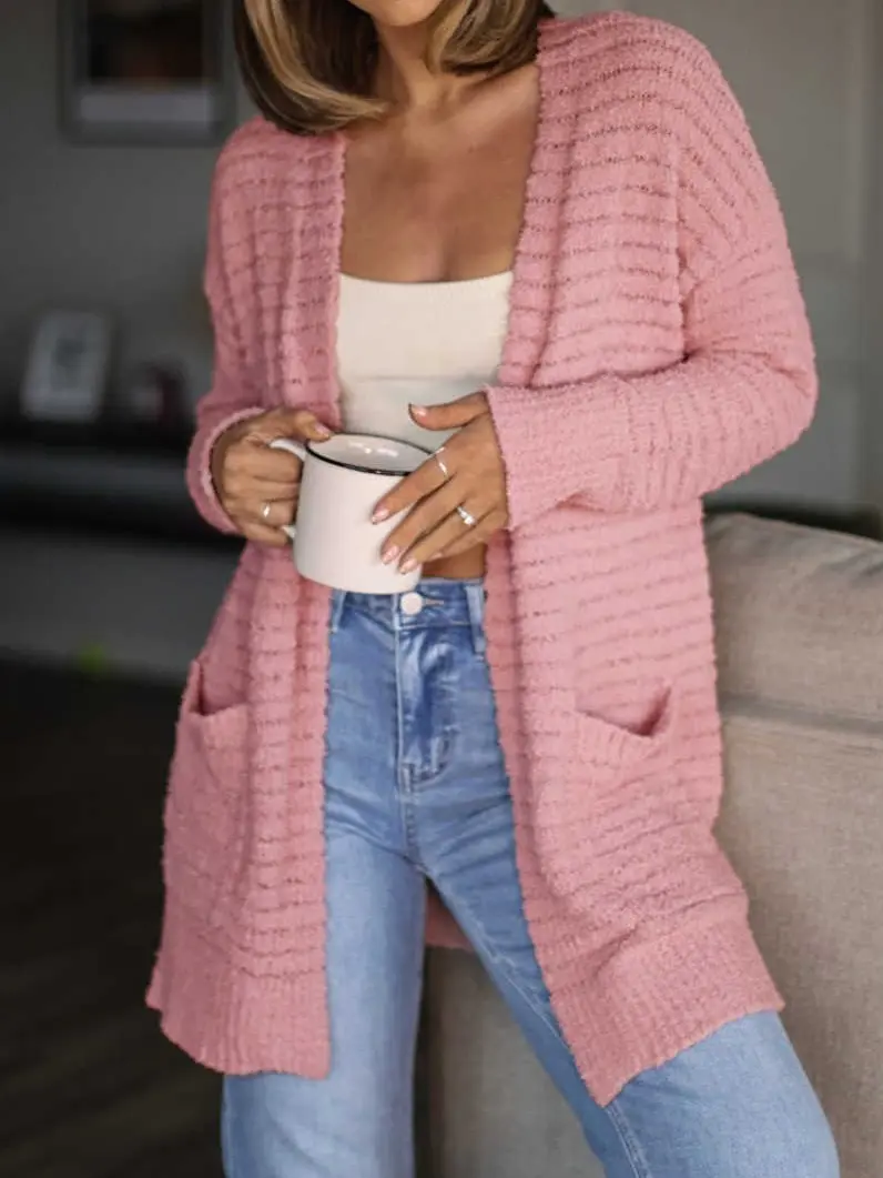 Women’s Open Front Fuzzy Sweater Cardigan, Soft Ribbed Knit Long Sleeve Tunic with Front Pockets, Relaxed Fit Cozy Layering Top for Everyday Wear, Fall and Winter Casual Essential Everyday