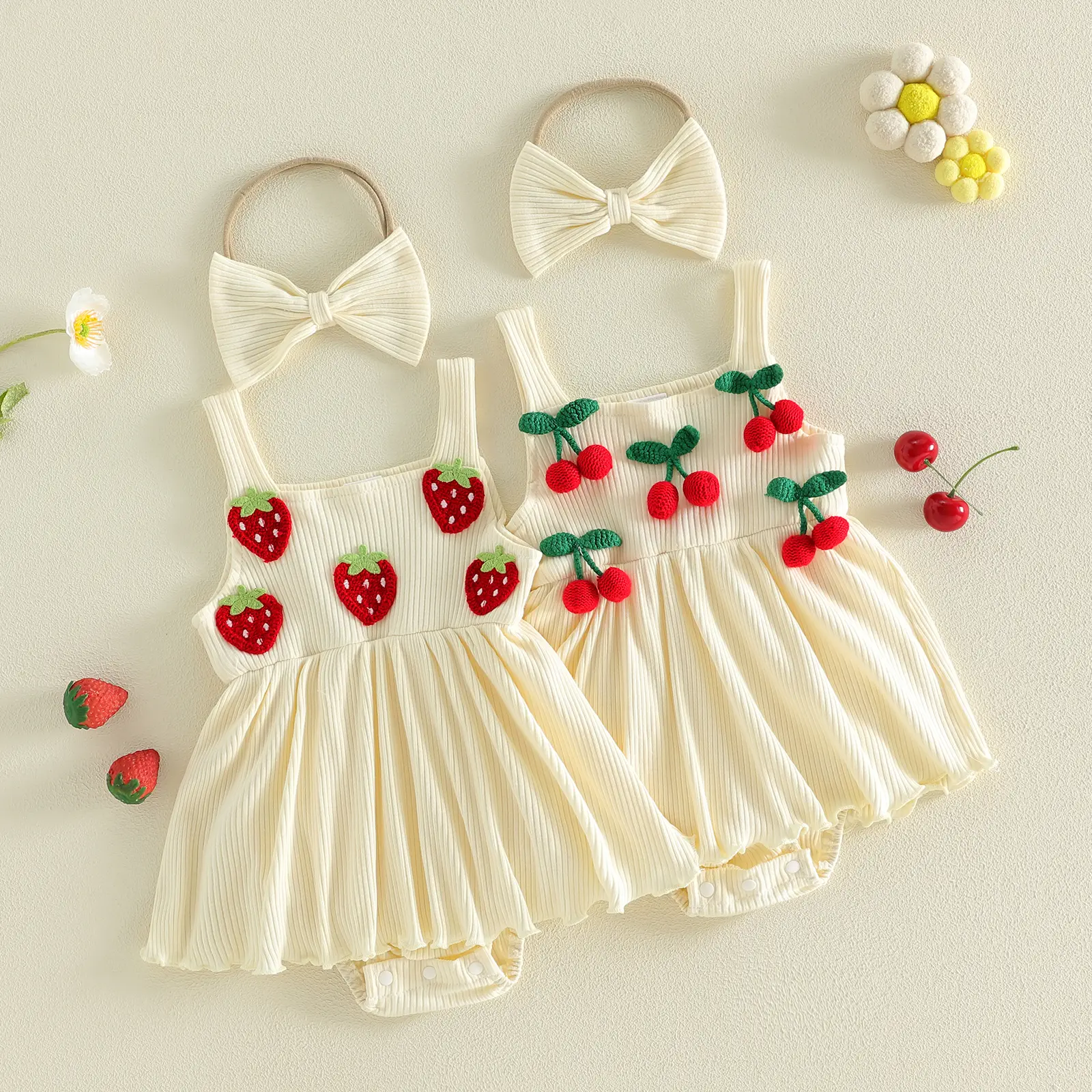 Infant Baby Girls Cotton Blend Elastane Bodysuits - Sleeveless, Strawberry/Cherry Decor, Skirt Hem Jumpsuits with Headband, Casual Clothes for 0-18 Months