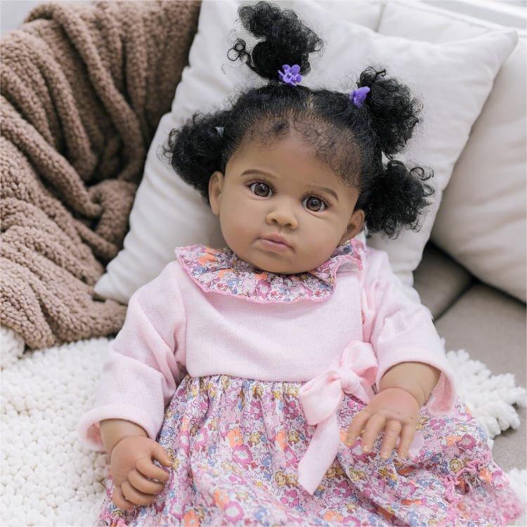 Reborn Baby Dolls 24 inch African American Black Soft Body Realistic Silicone Vinyl Toddler Dolls Real Life Baby Dolls Cloth Body Doll Toy Gift for Kids Age 3+