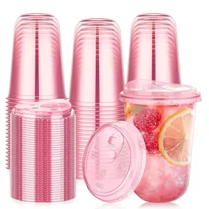 50-Pack 400ml Pink Plastic Cups with Direct-Drink Lids Disposable Coffee protein shake Cups Round Bases No Handles Portable Birthdays Wedding Parties Ice Coffee To Go Cup New Arrivals Essential Girls' party
