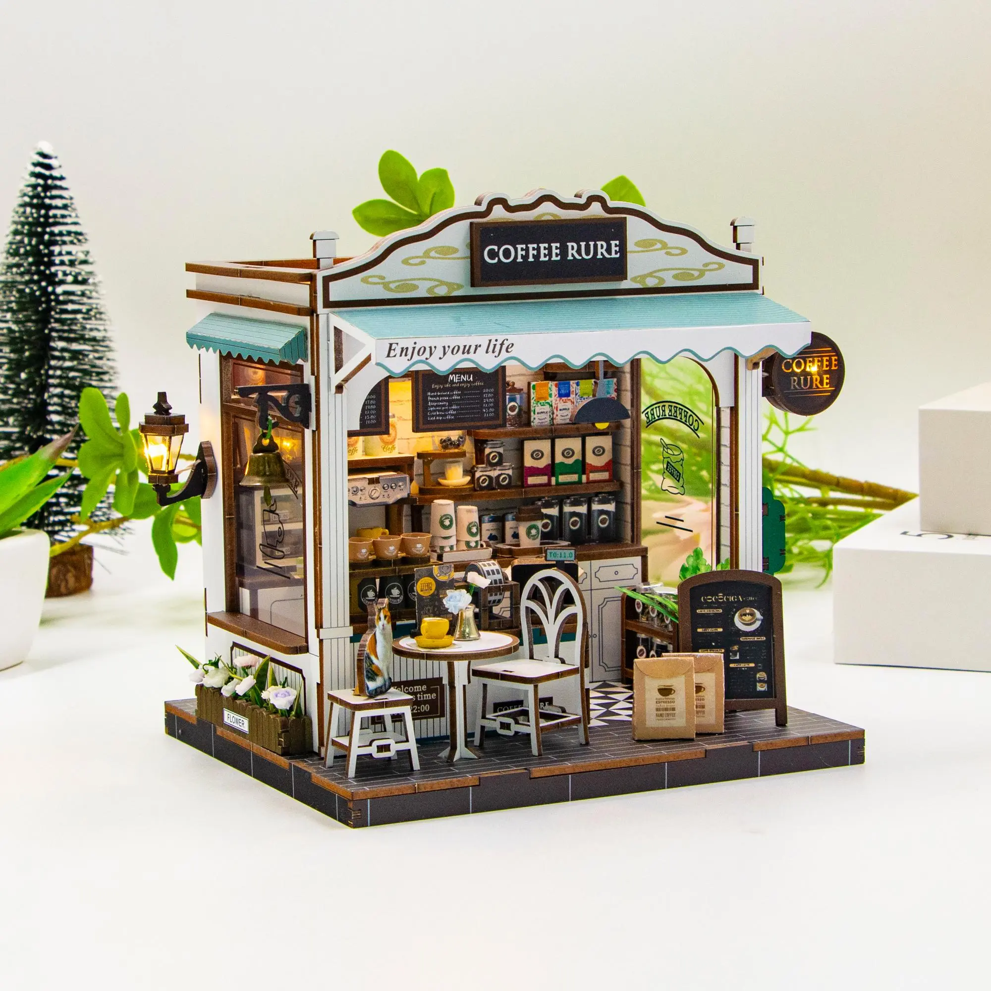 DIY Coffee Shop Dollhouse Kit with LED Light, Miniature Cafe 3D Wooden Puzzle, NFC Coffee House Craft Gift for Adults Teens