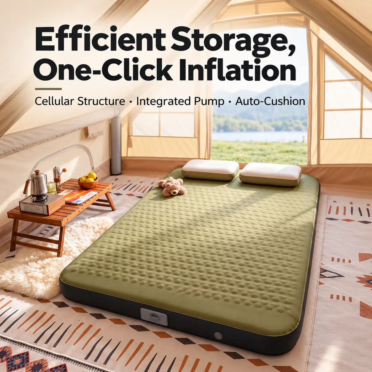 WKEFF    Double Inflatable Mattress With Built-in Air Pump, Portable Inflatable Bed For Camping, Travel, And Outdoor Use, Indoor Leak-Proof Folding Air Mattress, Heavy-Duty Non-Slip Guest Inflatable Bed, Easy To Store one free pillow