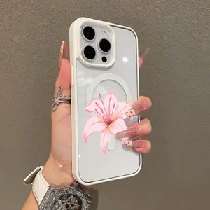 Magnetic Protective Case for iPhone 17 16 E Pro Max 15 Plus 14 13 12 11 XS XR, Girly Single Pink Lily Illustration Design | Shockproof, Silicone, Stylish, Trendy, and Scratch Resistant