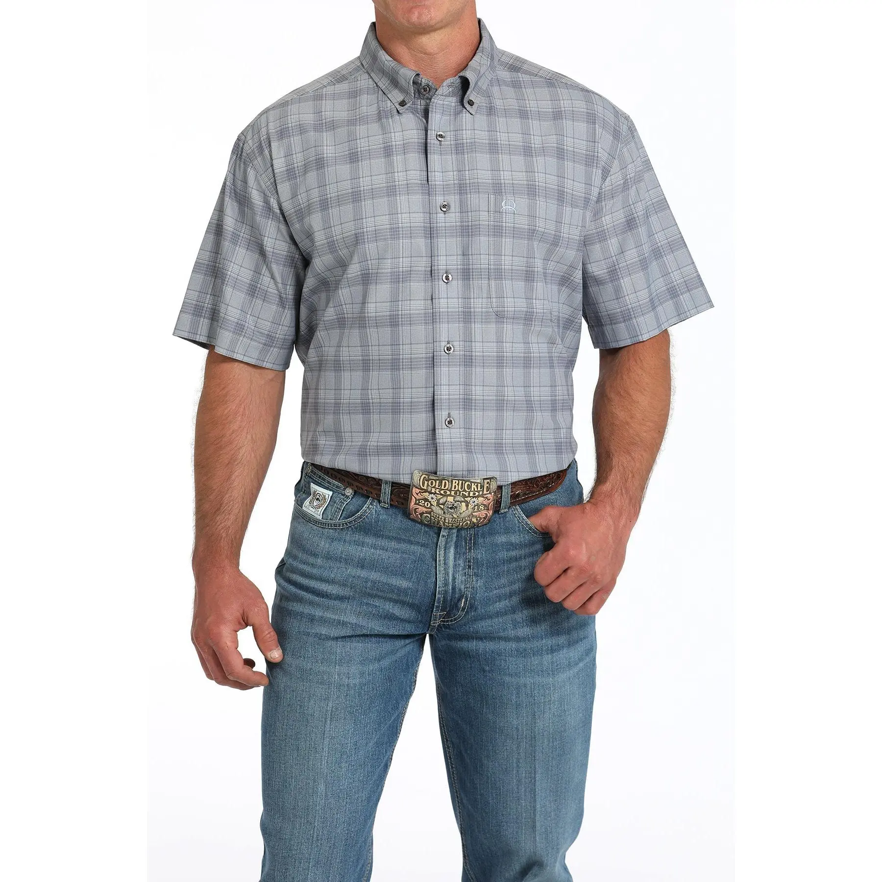 Men's Grey and Blue Plaid Camp Shirt, Casual Short-Sleeve Western Button Up with a Relaxed Cut for the Outdoors, Shortsleeve, Classic, Warm Weather, Casual Shirt, Collared Neck, County Fairs, Durability, Loose-Fitting