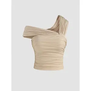 Women's Solid Jersey Asymmetrical Neck Ruched Cami Top (Size 2-10)