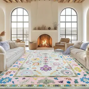 XEXSIN Modern Oushak Area Rug For Living Room, Washable Floral Print Rugs With Rubber Backing Low Pile For Bedroom Dining Room Nursery