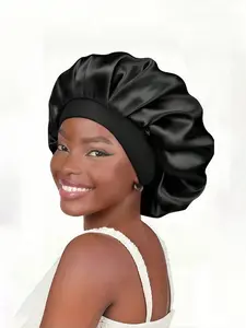 1pc Silk Sleep Bonnet Set  Satin Hair Wrap For Curly Natural Hair With Soft Elastic Band (Black & Gold), Gentle Night Cap For Hair Protection & Frizz Control Haircare