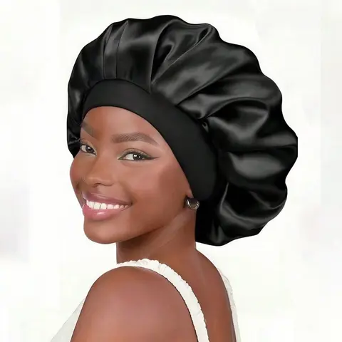 1pc Silk Set  Satin Hair Wrap For Curly Natural Hair With Soft Elastic Band (Black & Gold), Gentle Curly Hair Nightcap For Hair Protection & Frizz Control Haircare Hair Styling Cap