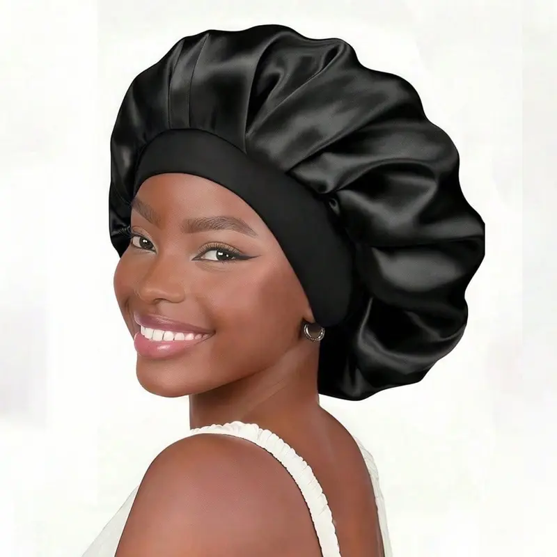 1pc Silk Set  Satin Hair Wrap For Curly Natural Hair With Soft Elastic Band (Black & Gold), Gentle Curly Hair Nightcap For Hair Protection & Frizz Control Haircare Hair Styling Cap
