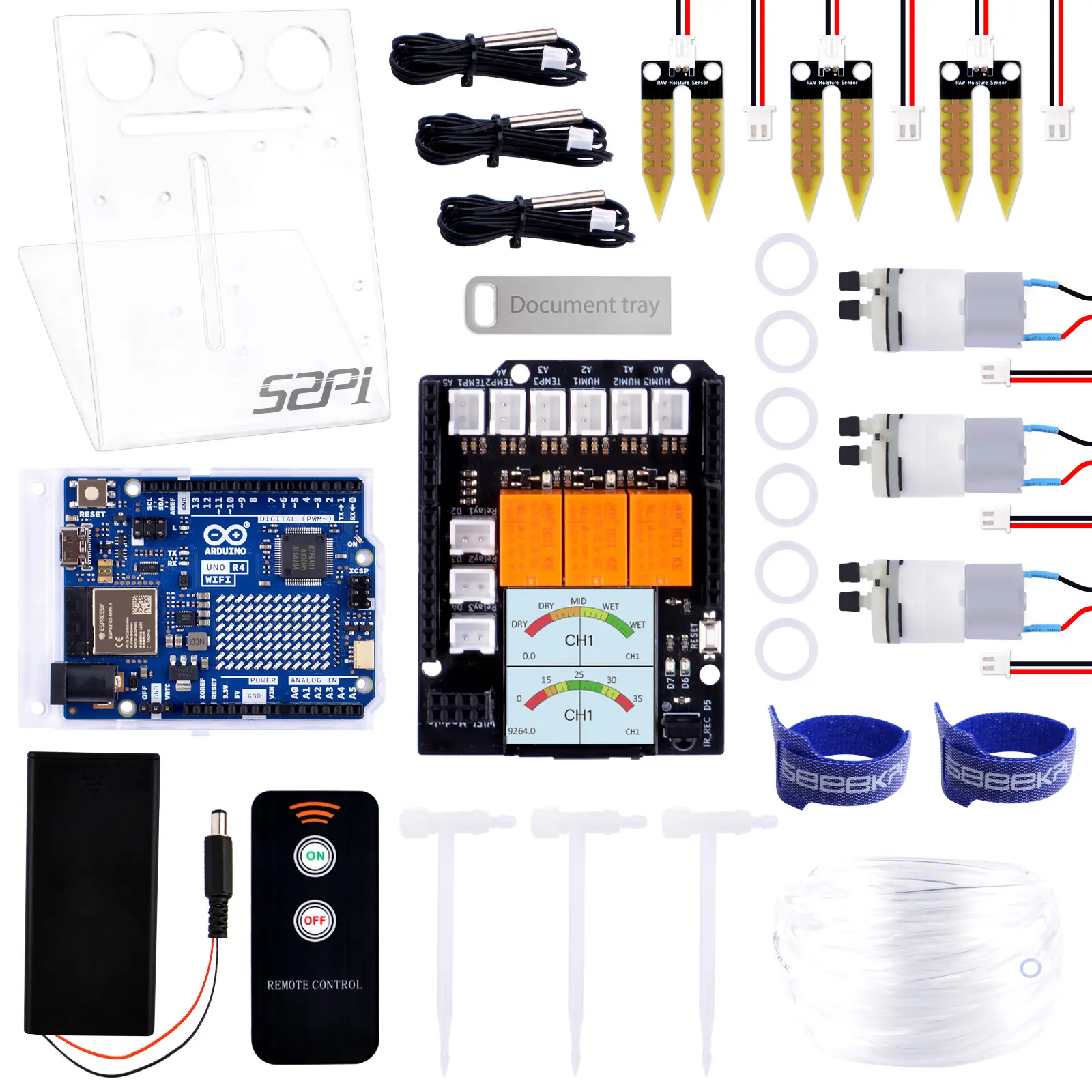 52Pi Arduino UNO R4 WiFi Automatic Plant Watering Kit, DIY Irrigation System with Water Pump, 2M Vinyl Tube, 1.3-inch IPS Display, 18650 Batteries, USB-C Cable, Acrylic Bracket*1, Cable Ties*2, USB Flash Drive for Potted Plants, Herbs