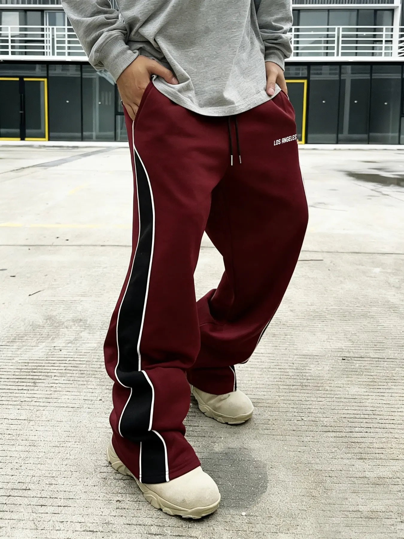 Men's Trendy Straight Leg Elastic Waist Drawstring Pants, Striped Long Trousers with Letter Print, Casual All Season Wear