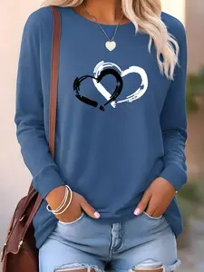 Women's Heart Print Round Neck Sweatshirt, Casual Long Sleeve Crew Neck Pullover for Fall & Winter, Women's Clothes for Daily Wear, Casual Pullover Tops