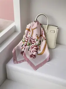 Pink rose printed silk scarf square bandana spring summer thin shawl versatile neckerchief hair band headscarf for women