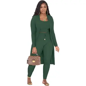 Haute Urban Women's Solid Color Pants Set with Lace-Up Crop Top and Cardigan Coat - Casual Cotton Outfit for Women Comfort Womenswear Clothing Chic