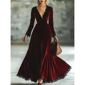 Elegant long dress for women, solid color slim fit V-neck, patchwork party gown, formal wear, Halloween/Christmas holiday dress