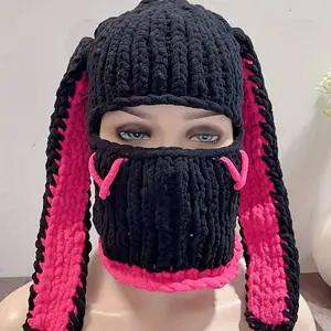 1-Pack Adorable Long Rabbit Ear Knitted Balaclava Hat - Soft, Thick, Warm, Chunky Yarn for Outdoor Cycling, Skiing, and Halloween - Hand Washable, Dry Cleanable, Knit Fabric, 80% Textile, 100% Polyester, Perfect for Cold Weather