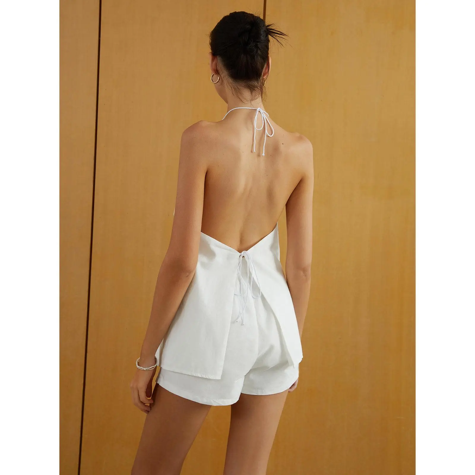 Cotton & Linen Backless Halter Top With Shorts Set Womenswear Womenswear