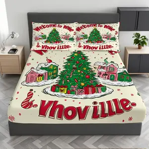 3pcs Whoville Greetings Christmas Fitted Sheet Set - Festive Bedding with 1 Fitted Sheet & 2 Pillowcases, Polyester, Machine Washable, Ideal for New Homes, Enhances Bedroom Comfort, Holiday Decor, Decorative Bedsheet Sets