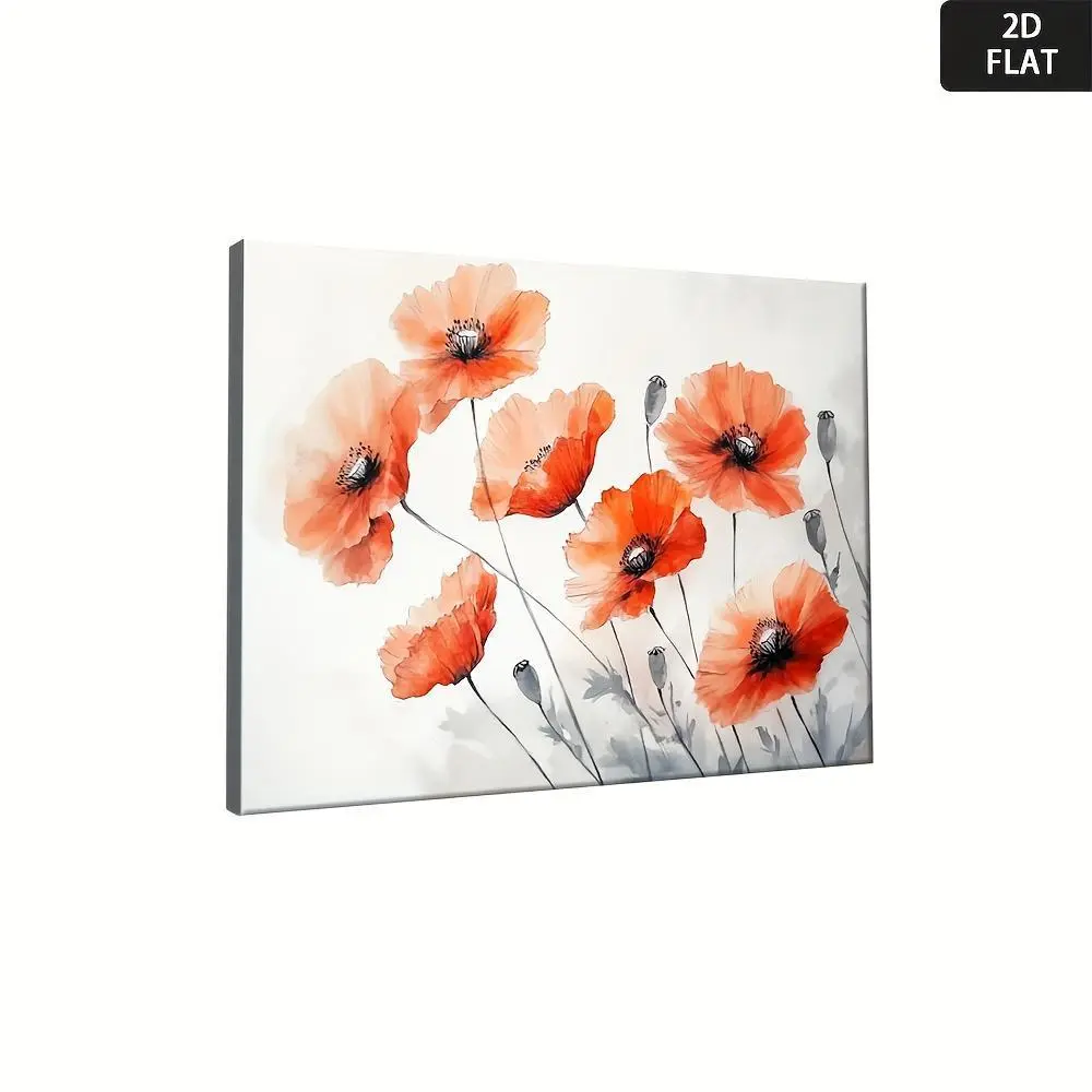 Watercolor Poppy Flowers Wall Art - 2D Flat Red Poppy Decorative Wrapped Canvas with Durable Wooden Frame, Customizable Vintage-Modern Poster for Living Room, Bedroom, Home Decor, High Pigment Density