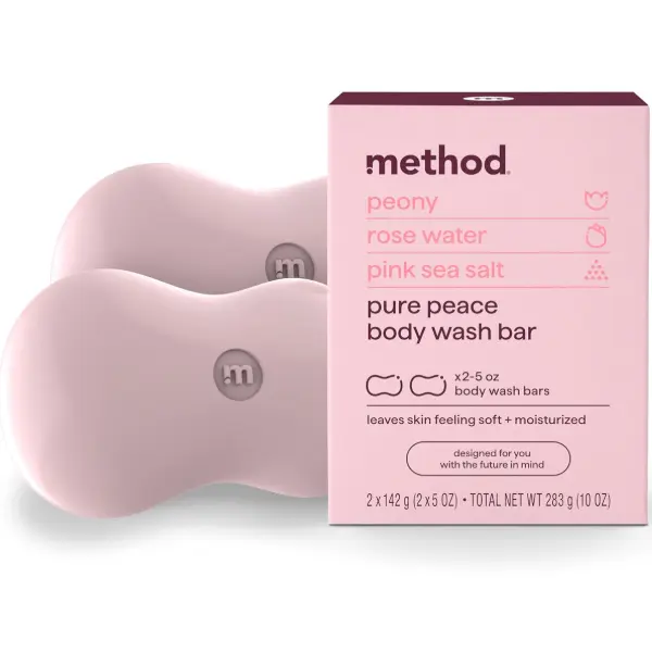 Method Bar Soap, Pure Peace, Pure Peace, Rose Water, Peonies + Pink Sea Salt notes, Plastic Free, 2 bars, 5oz each