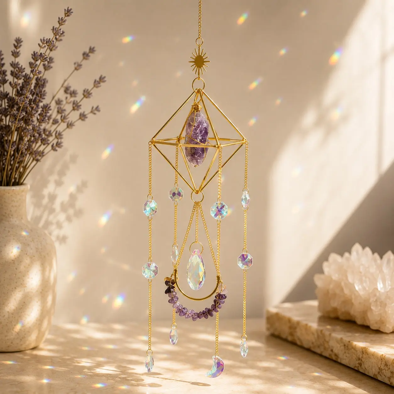Celestial Amethyst Stone Sun Catcher - Light-Emitting, Shine-Enhancing Hanging Home Decor Ornament for Spiritual Clarity & Intuition Boosting Home Supplies