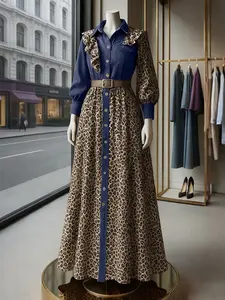 Women's Fashion Lapel Long Sleeve Loose Waist Cinched Leopard Patchwork Maxi Dress, Stylish, Elegant and Casual Wear Clothing Womenswear