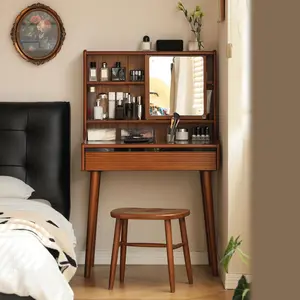 Wayshome Small Vanity Desk with Mirror, Solid Wood Dressing Table, Movable Drawer Divider, 180° Swivel Make-up Mirror Dressing Desk for Bedroom, Teak Color Adjustable