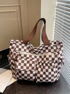 Checkered Shoulder Bag for Women, Large Capacity Canvas Tote Bag, Fashionable and Versatile One Shoulder Handheld Artistic and Simple Tote Bag, Suitable for Daily Commuting and Other Scenarios.