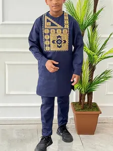 Boys' Traditional Embroidery Set, African Prince Style, Fitted Design, Dark Blue Combination, High-Quality Kids Clothing