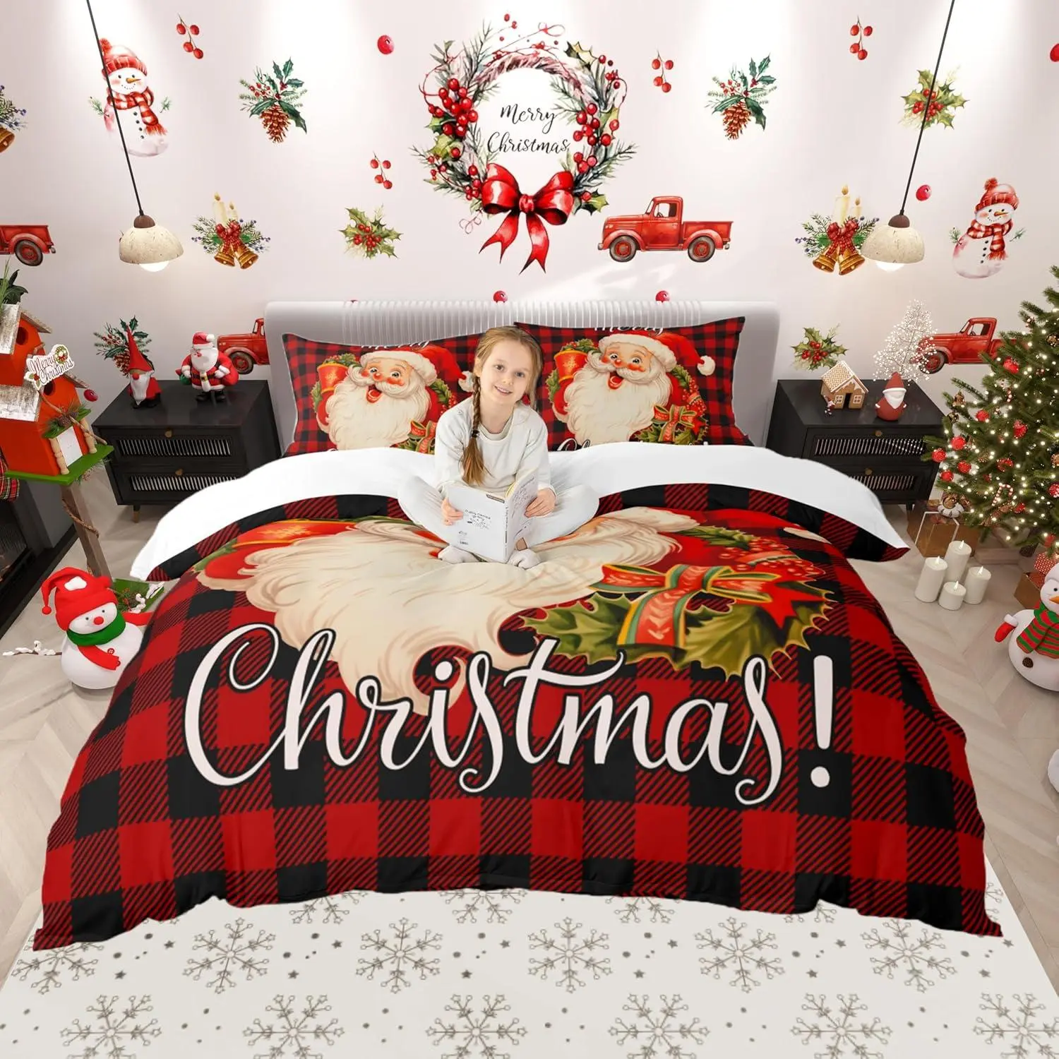 Feelyou Santa Claus King Size Duvet Cover Set - Black & Red Square Polyester Bedding, Modern 3D Print, Merry Christmas Vibe, Breathable Lightweight All-Seasons, Machine Washable, Kids’ Bedroom Decor, Multi-Size Options (No Comforter), Bold Red Accents, Mu
