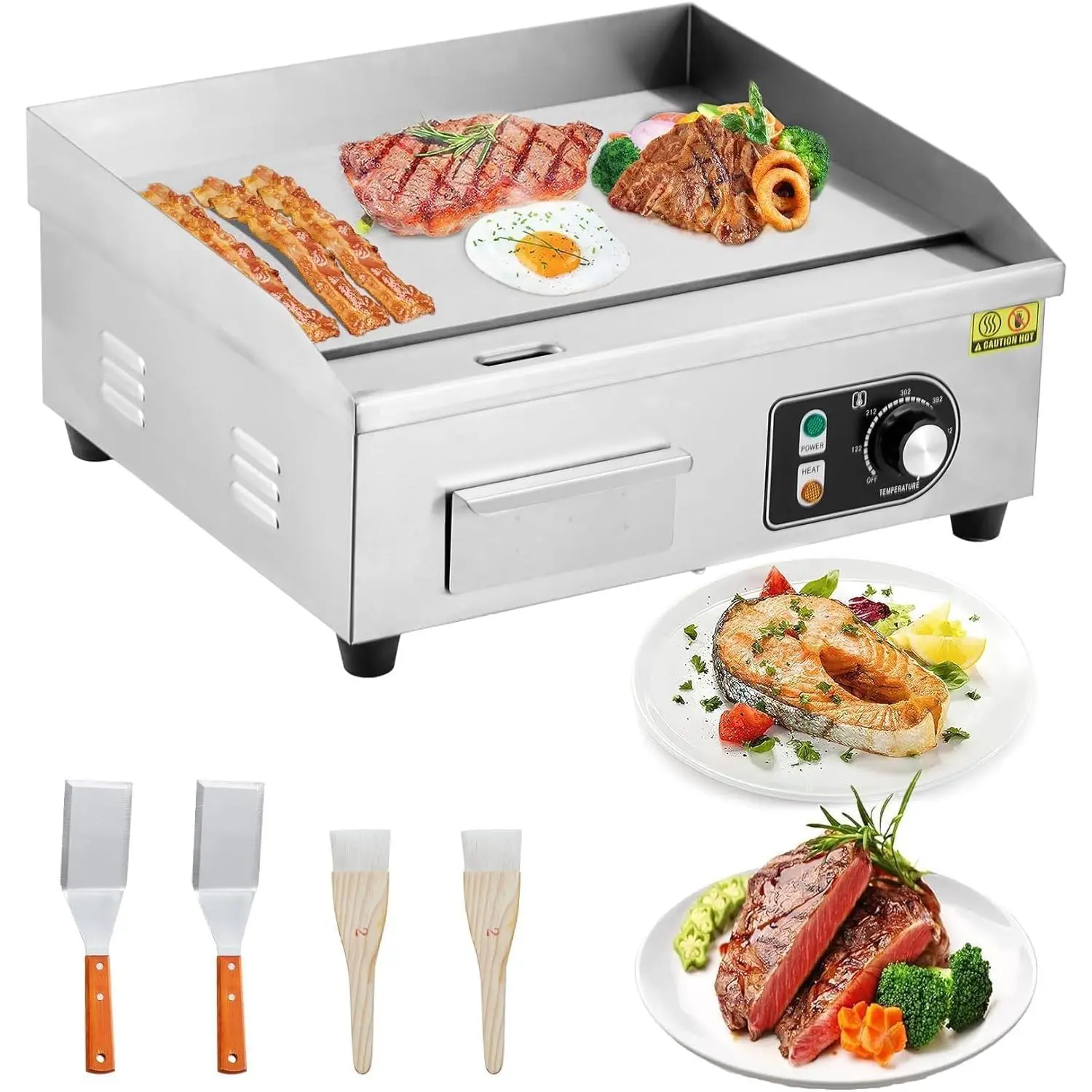 18 Inch 1600W Commercial Electric Griddle – Stainless Steel Flat Top Grill with 122-572°F Adjustable Temp, 2 Shovels & 2 Brushes, Countertop BBQ Teppanyaki Grill for Home & Restaurants
