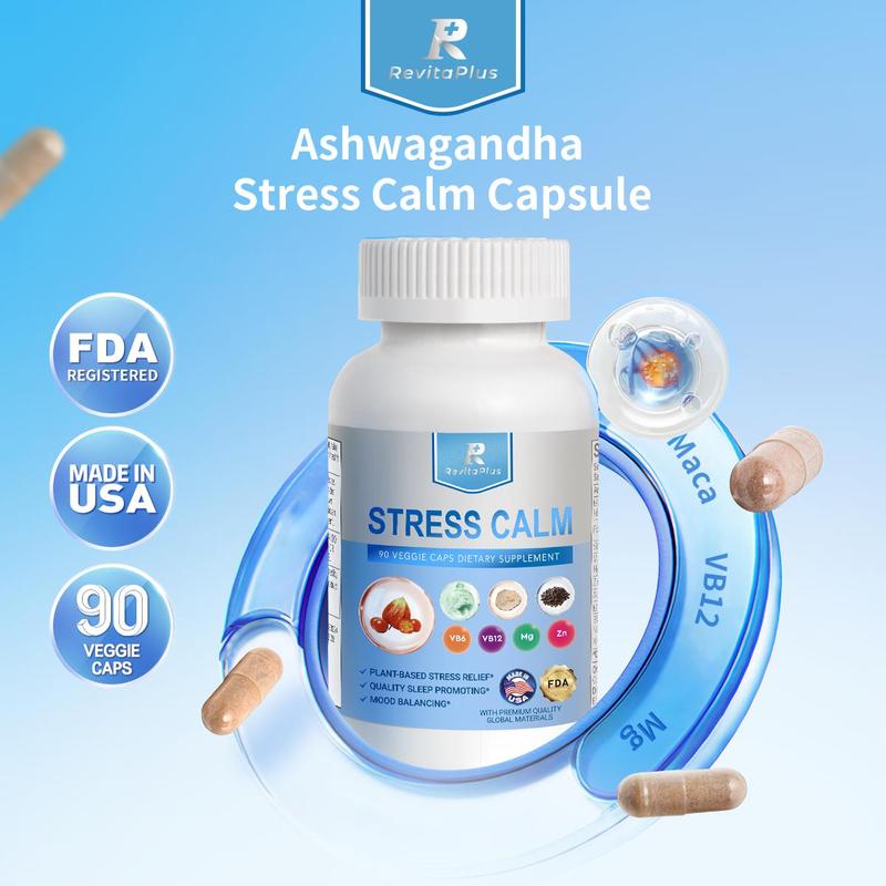 RevitaPlus Stress Calm Dietary Supplement with Ashwagandha Maca Magnesium Vitamin B12 & B6 Black Pepper 90 Veggie Capsules for Stress Relief Sleep Support & Strength Enhancement Made in USA FDA Registered - Healthcare