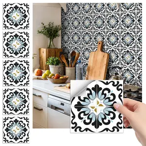 24PCS/Box FHZ Vintage Black-Blue-Gold Geometric Tile Sticker | PET Matte Peel & Stick Splashback | Waterproof Multi-Scene Wall Sticker for Home/Office/Stairs