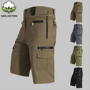 3 Pack Men's 100% Cotton Tactical Cargo Shorts, Multi Zipper Pockets Casual Work Shorts, Breathable Durable Outdoor Hiking Shorts with Elastic Waist for Camping, Fishing, Construction and Daily Casual Wear