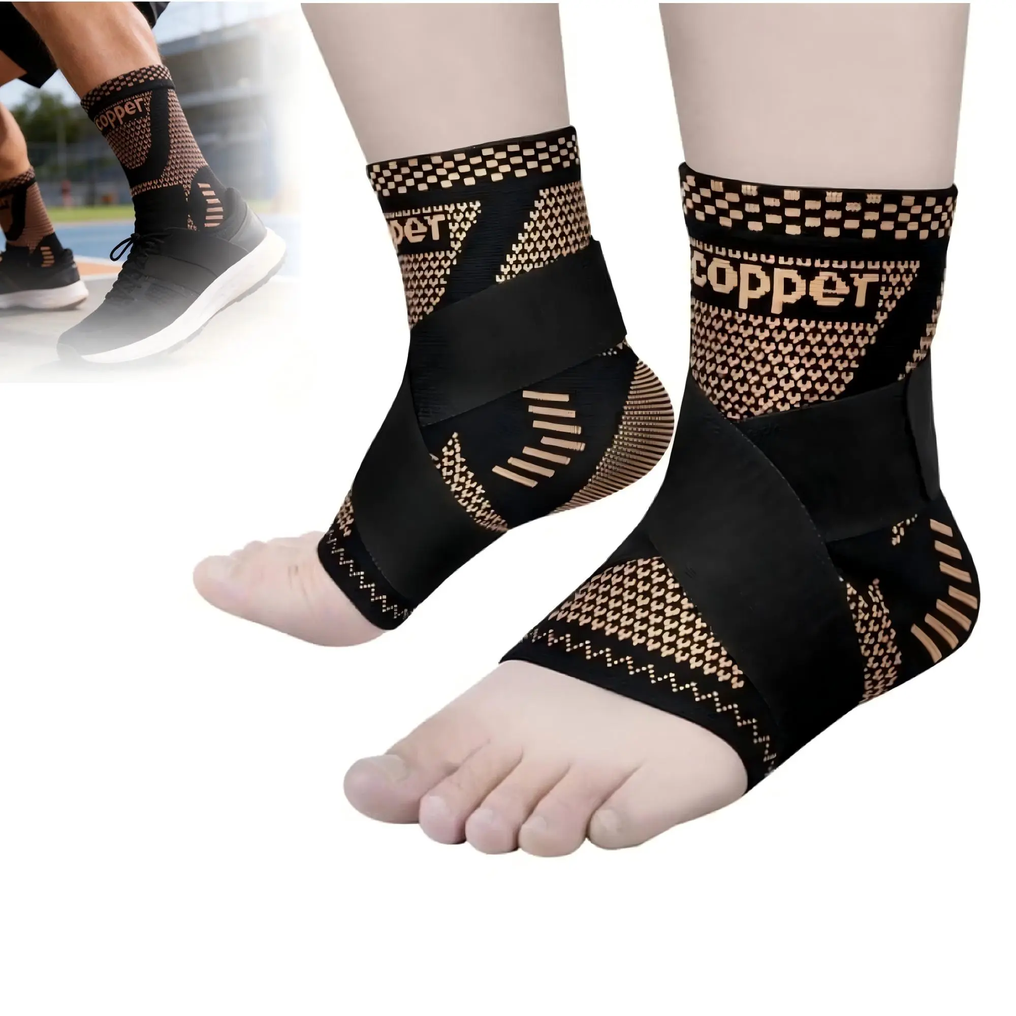 2-Pack Copper Infused Ankle Compression Support Sleeves with Adjustable Straps, for Men/Women Athletes/Users, Sprain Recovery & Sports Protection for Daily Wear