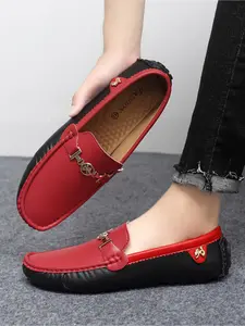 Men's Slip-On PU Leather Loafers - Comfortable, Non-Slip Rubber Sole, Durable Walking Shoes with Golden-Tone Buckle Strap,  Two-Tone Design for Casual & Formal Wear