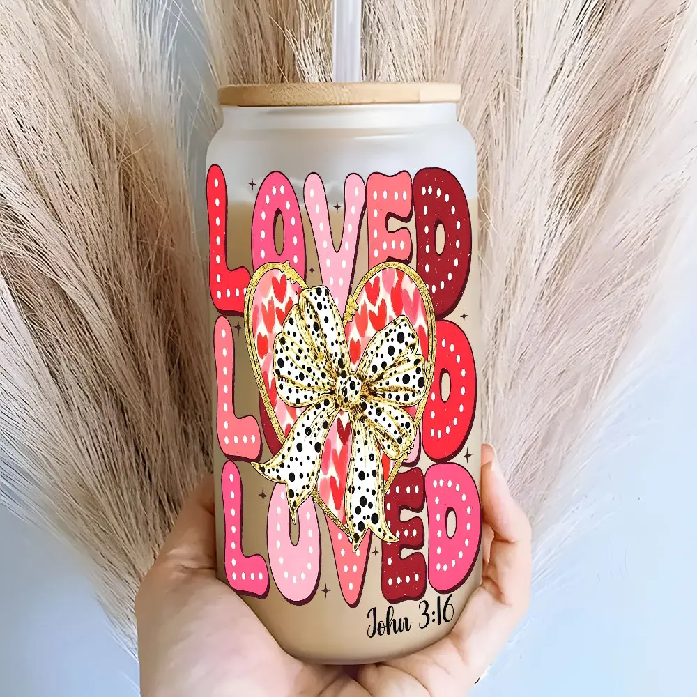 LOVED John 3:16 heart Pattern Themed 16oz Glass Can Cup with Lid and Straw, Reusable Glass Drinking Cup, High-Quality Glass Jar for Iced Coffee, Hot Chocolate, Festive Fashionable Glassware, Perfect Gift for Faith Enthusiasts, Family and Friends