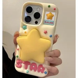 3D Star Mirror Stand Phone Case for iPhone 17 iPhone 17 Pro Max 16 15 14 13 Silicone Protective Cover with Mirror Stand Feature and Vibrant Yellow Star Design
