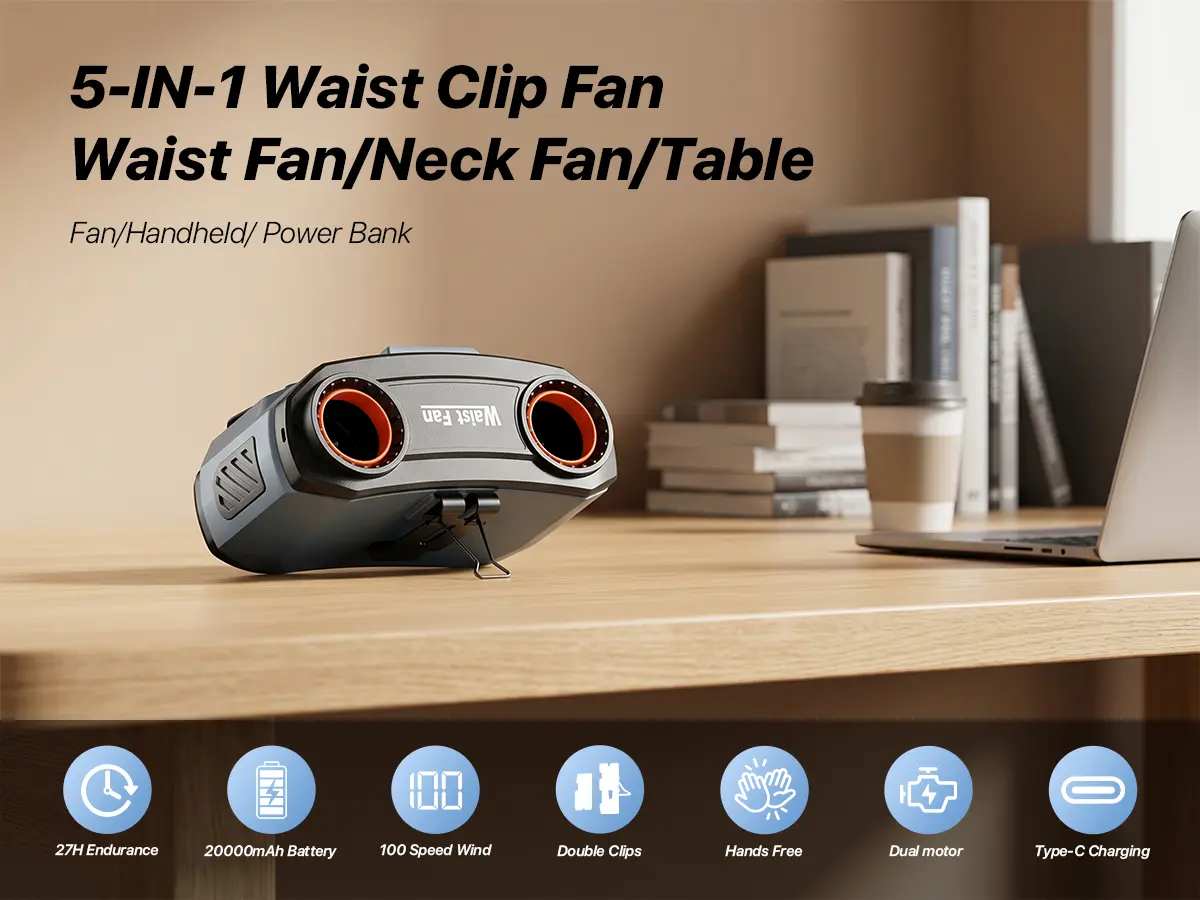 Airlentis Dual air outlet 20000mAh portable waist hanging fan, 7W brushless turbo dual motor -10 speed wind speed, maximum speed of 9500 rpm, maximum endurance of 30 hours, 4 wearing modes, 3 lighting modes, LED digital display screen, USB Type-C charging