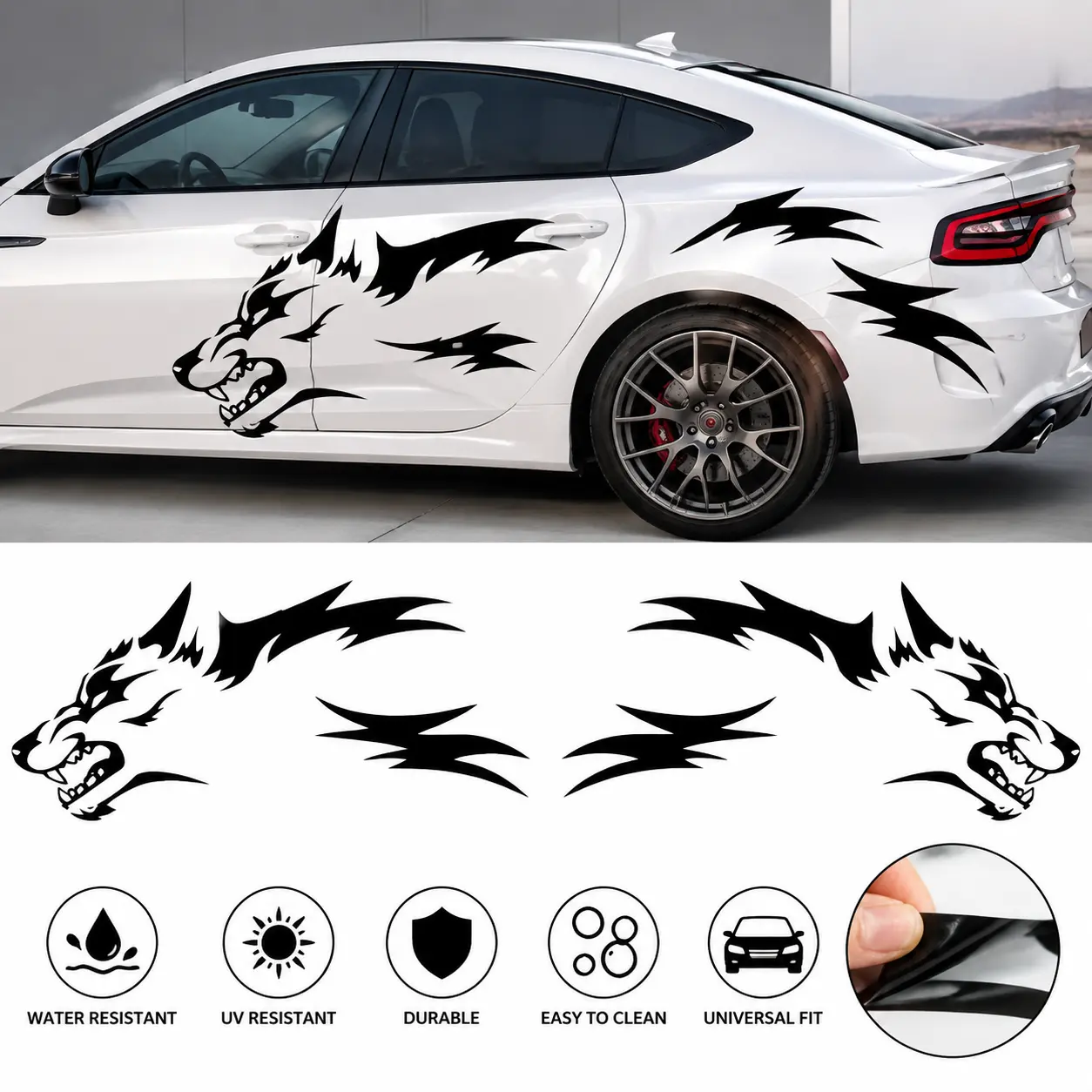 2PCS Large Black Bold Wolf Pre-Cut Self-Adhesive Car Stickers - Left-Right Pair, 130cm x 50cm Weather-Resistant Decals for Cars/Trucks, Easy-Install Automotive Exterior Accessories for Door Panels Custom Looks