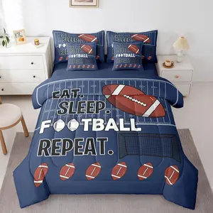 Football Printed Comforter Set with Sheets,Eat Sleep American Rugby Decorative Bedding Set for Boys Teens,Sports Theme Bed in a Bag,Ball Gamer Bed Set