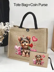 Cartoon Dog Pattern Tote Bag With Makeup Bag,Spacious And Chic Yorkshire Terrier Handbag, Cute Puppy Print - Reusable Grocery Bag, Durable Shoulder Strap, Perfect For Shopping And Gifts, Women'S Large Capacity Beach Shoulder Bag