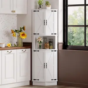 64.6" Farmhouse Corner Cabinet with LED Lighting & 7-Color Lights – 5-Tier Tall Storage Cabinet with 4 Barn Doors, Built-in USB Ports & Outlets, for Living Room, Kitchen & Bathroom