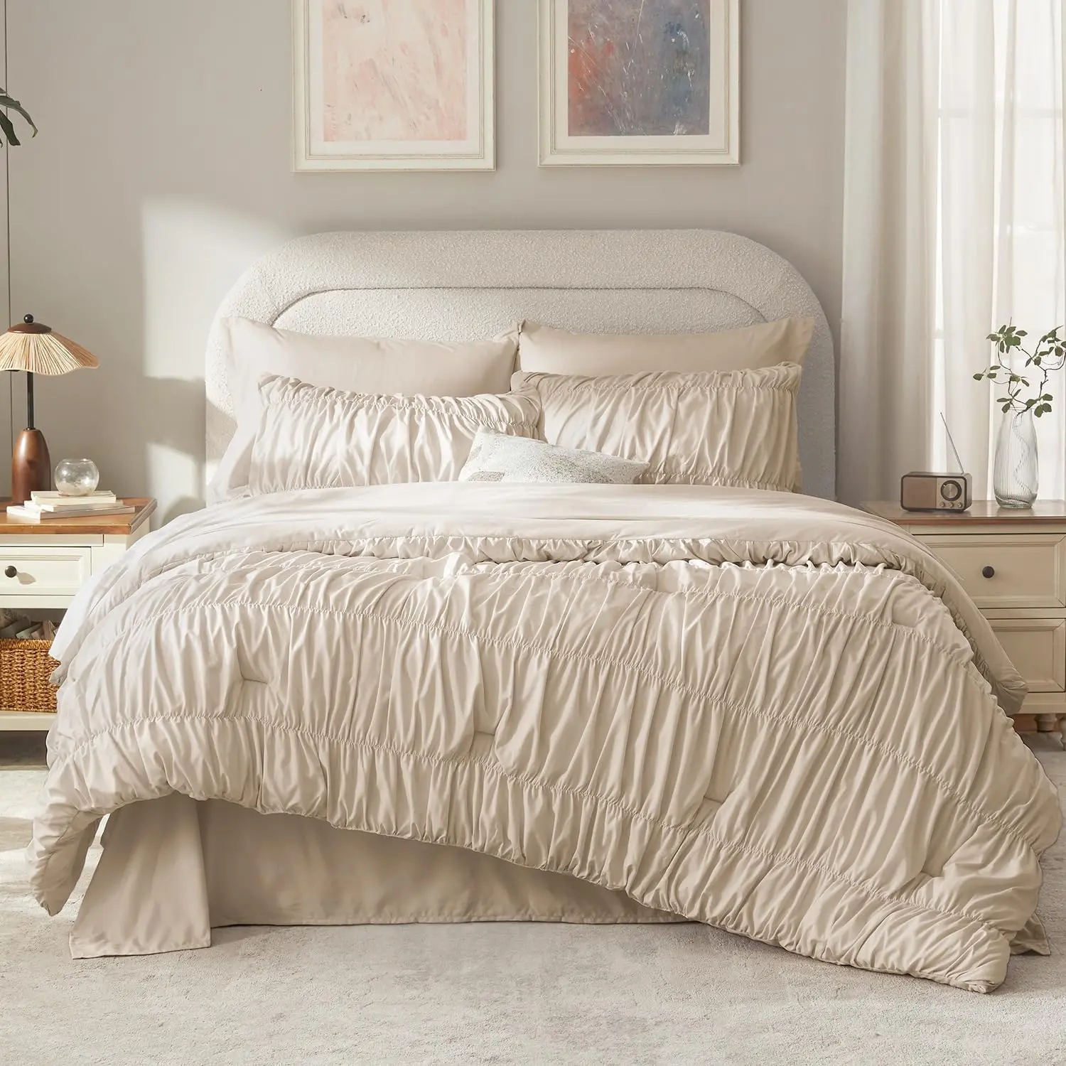 Andency Ruched Pleat Comforter Set 3Piece Vintage Farmhouse Shabby Chic Bedding Cozy Ultra Soft Microfiber for All Season Machine Washable Girls Gifts