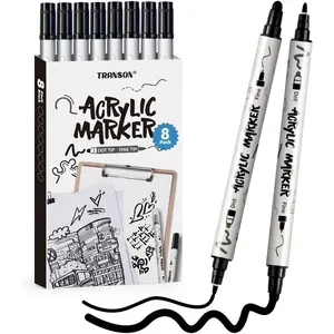 8 Pack Black Bold and Fine Dual-tip Acrylic Paint Marker for DIY Glass Canvas Wood Leather Ceramic Rock Painting