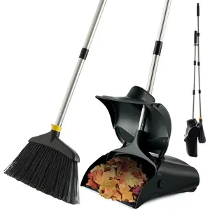 Outdoor Broom and Dustpan Set with Long Handle, Commercial Upright Standing Dust Pan with Windbreak Cover and Brooms Combo for Sweeping Lobby Courtyard Garage Deck Patio Indoor