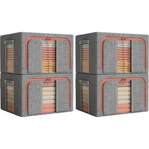 Wardrobe Storage Box 4 Pack 66L Stackable and Foldable Clothes Storage Box with Metal Frame Transparent Window and Handle for Bedding Clothes and Other Items (Gray 66L)
